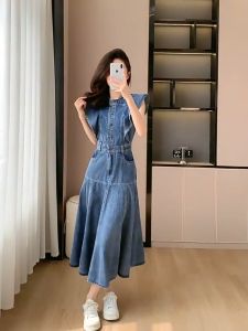 เดรสยีนส์ วินเทจทรงสวย แขนระบาย | Size S-M | ลุคชิคๆ ใส่สบายทุกโอกาส