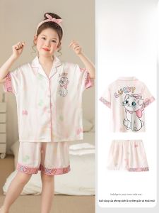 MiiOW | Bộ đồ ngủ tay ngắn bằng lụa băng cho bé gái MiiOW mùa hè thoáng khí dễ thương Bộ đồ mặc nhà thoải mái vải polyester