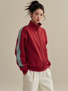 เสื้อแจ็คเก็ตฮู้ดสีแดงสไตล์จีนใหม่ฤดูใบไม้ร่วงปี 2025 สำหรับผู้หญิง ทรงหลวม ปกติ แขนยาว ปกติ ซิป คอตั้ง แฟชั่นสตรีท