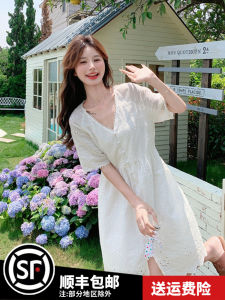 White Lace V-Neck Hollow Out Fashion Dress for Women Summer Lightweight Casual Design with Patchwork Button-up Mididress