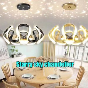Starry Sky Chandelier Bedroom Dining Room Fixture Dimming Remote Three Headed LED Pendant Light Luxury Lamp