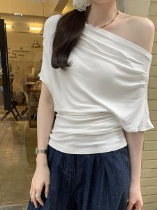 Slim Fit Short Sleeve T-Shirt Womens Summer New Style Waist Cinching One Shoulder White Top Korean Style Commute Pure Color