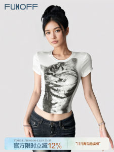 Funoff American Simple Cat Print Crop Top T-Shirt Basic White round Neck Waist Cinched Short Sleeve Summer Casual Womens Tee