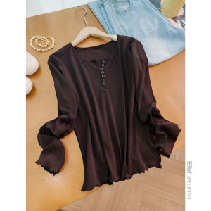 Anti-aging Long Sleeve T-shirt with Fine Strip Pattern and Lace Hem 250g