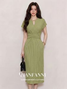 QFN | French Style Green Stripe Fitted Slimming Midi Dress
