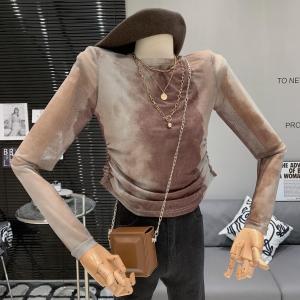 Retro American Tie-Dye Color Block Long Sleeve เสื้อท่อนบน ผู้หญิง ทันสมัย เสื้อป้องกันแสงแดดซีทรูเสื้อยืดสไตล์วินเทจ