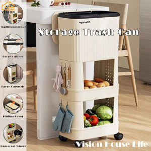 Vision 1/2/3 Layer Kitchen Trash Can With Storage Rack Floor Standing Classified Garbage Can Movable Large Capacity Trash Bin Multi-layer Garbage Sorting Bin Plastic Garbage Sorting Paper Basket