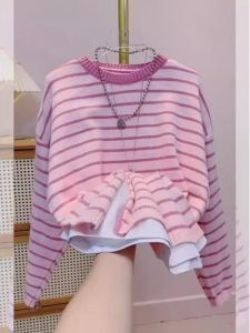 Elegant Stylish Soft Round Neck Pink Striped Sweater