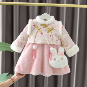 Girls Fleece-lined Dress Winter Outfit 2025 New Bow Princess Skirt Baby One-year-old Red Dress Set Warm Thickened Cotton Princess Dress