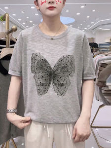 เสื้อยืดแขนสั้นผ้าไหมน้ำแข็งสำหรับผู้หญิง ฤดูร้อน 2025 แฟชั่นใหม่ แขนสั้น คอกลม ลายผีเสื้อ ทรงหลวม ทรงหลวม ทรงหลวม