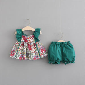 Princess Style Floral Print Cotton Summer Outfit for Girls 0-5 Years Old Half Body Strap Vest And Pants Thin And Cool