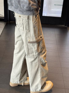 กางเกงยีนส์ทรงตรงสไตล์ย้อนยุคสไตล์อเมริกันสำหรับผู้ชาย กางเกงขายาวทรงขากว้าง กระเป๋าหลายช่อง กางเกงยีนส์ทรงตรงแบบลำลอง