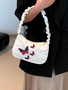 CB Stell Small Nylon Shoulder Bag for Women Underarm Bag Small Shoulder Butterfly Print Handbag Girl Student Bag Small Bag New Pleated Cloud Bag Shoulder Bag