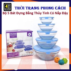 Bộ 5 Thố Thủy Tinh / 5 Bát thủy tinh cao cấp Có Nắp Dậy tránh kiến muỗi - tránh mùi / Bộ 5 tô thủy tinh có nắp chuyên dùng tủ lạnh Loại Dày
