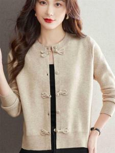 New Chinese Style Womens Open Cardigan Wool Loose round Neck Button up Knitted Spring Autumn Outerwear Fashionable Top