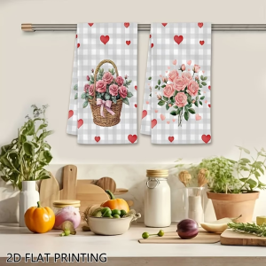 2-Piece Set of Flower Basket Rose Heart Kitchen Towels Dish Towels Hand Towels Holiday Decorative Hand Towels Soft Absorbent Drying Cloth Kitchen Decoration Table Decoration Kitchen Supplies Home Decor