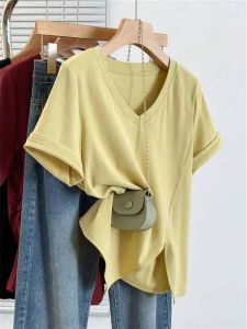 Áo Thun Tay Ngắn V-Neck Cổ Vuông Mở Bất Đối Xứng Che Bụng Đơn Giản