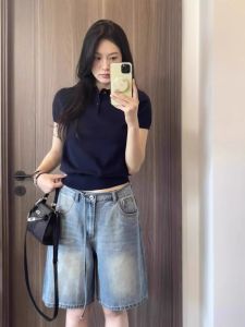 Chiffon Ice Silk Short Sleeve T-shirt for Women Summer K-style Loose Fit POLO Collar Short Length Pure Color Work Clothing