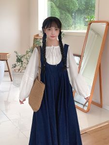 Retro Japanese Artistic Large U-neck Denim Overalls Dress Loose Vest Skirt Ensemble Cotton Polyester High Waist Long Sleeve