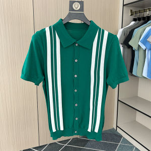 Summer Mens Knitted Ice Silk Half Sleeve Polo Shirt Vintage Stripes Cool Feeling Open Cardigan T-Shirt Fashion Urban Style