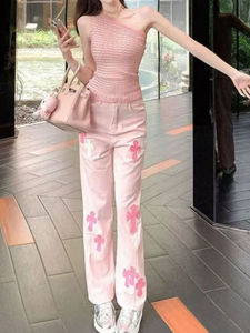 Pink Heavy Cross Stitched Leather Denim High Waist Straight Leg Jeans Womens Summer New Style Vintage Slimming Jeans