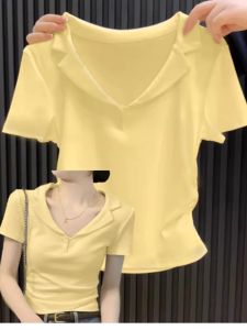 Womens Slim Fit Short Sleeve V-Neck Polo Shirt Korean Style Base Layer Top Inner Wear Casual Summer T-Shirt Soft Comfortable