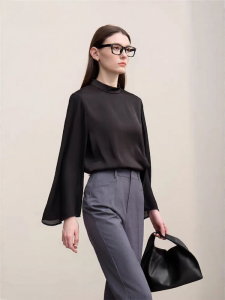 AMII | Elegant Commuter Style Matte Mixed Fabric Blouse