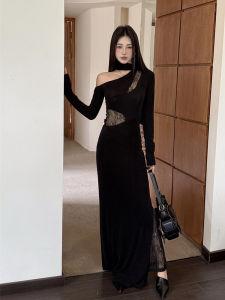 ชุดเดรสยาวแขนกุดคอวีเซ็กซี่เอวสูงผ้าลูกไม้ปะติดปะต่อกันสำหรับผู้หญิง ชุดเดรสยาวปานกลางแขนยาว ชุดทำงานฤดูใบไม้ผลิและฤดูใบไม้ร่วง