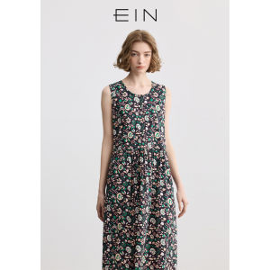 EIN Floral Print A-Line Midi Dress Sleeveless round Neck Pure Cotton Spring Summer New Style Simple Elegant Commute Dress
