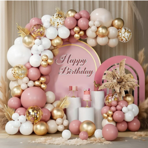112-Piece Pink Balloon Garland Set - Vintage Pink and Metallic Gold Tones Suitable for Birthdays Parties Weddings Bachelor Parties Etc. - Versatile Party Decoration Set
