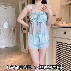 Comfortable and Smooth Satin Sleepwear Light Luxury Tempting Mesh Lazy Top and Shorts Pyjamas Woman Summer Home Set