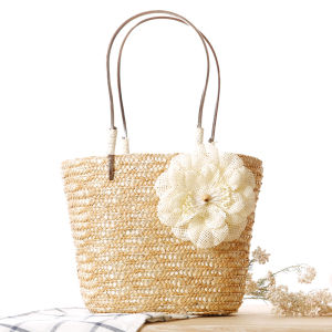 Floral Hemp Woven Handbag Mini Beach Bag Versatile Ladies Handbag Fashionable Korean Style Soft PU Leather Casual Tote Bag