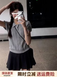 American Retro Knitted Polo Neck Short Sleeve T-Shirt Women Summer Small Size Shoulder Casual Versatile Twisted Top