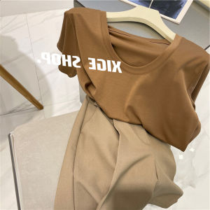 Áo Thun Cổ Chữ U Dáng Rộng Mùa Hè Cho Nữ Tay Ngắn Màu Kaki Đa Năng Vai Áo Thường Xuyên Mặc Chất Liệu Cotton Pha Trộn