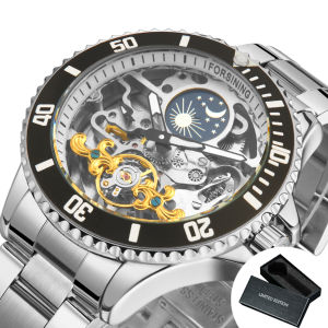 Forsining | Forsining Luxury Mechanical Watch for Men Moon Phase Rotating Bezel Tourbillon Skeleton Automatic Watches Stainless Steel Strap