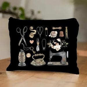 Vintage Sewing Machine & Floral Makeup Bag Sewing-Themed Storage Organizer Large Capacity Cosmetic Case Lightweight Travel Bag