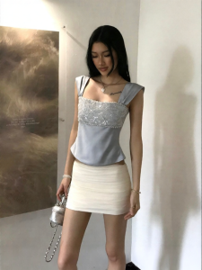 audwyn | Bejeweled Square Neck Fitted Dressy Top