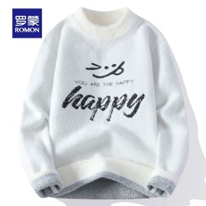 ROMON | Romon Mens Knitted Sweater Casual Loose Thickened Round Neck Winter Fashion Warm Long Sleeve Yarn Shirt For Young People