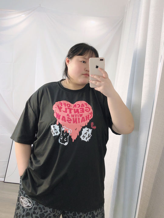 Chubby Girl 100.00kg Summer Heart Short Sleeve T-Shirt Plus Size Loose Oversize Couple Trendy Student Tops Women's Clothing