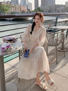 French Style Embroidered White V-neck Dress Women Summer 2024 New Light Maturity Fairy Skirt High Waist A-line Long Dress