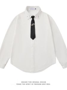 American Style Mens White Shirt Spring Autumn Loose Necktie Large Collar Handsome Checkered Fabric Youth Fashion Long Sleeve