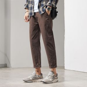 ROMON | Lormen Mens Cotton Casual Pants Straight Leg Thin Summer Business Trousers Black Pure Cotton Nine Points Leisure Trousers