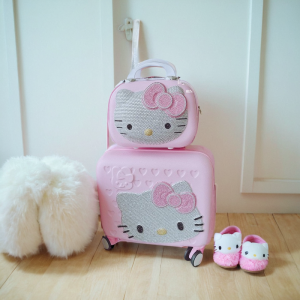 Trendy Childrens Cat Luggage 16 Inch Mother-and-child Travel Suitcase Girls Heart Rhinestone Pull Rod Box Student Boarding Box