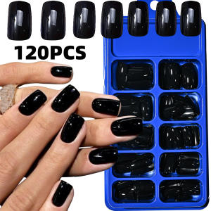 120Pcs Glossy Black Medium Square Fake Nails 12 Sizes Full Cover Press On Nail Solid False Fingertips for Women Daily Manicure