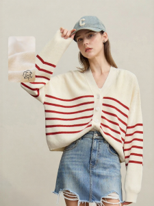 AMII | Autumn Casual V-Neck Color Block Cotton Wool Blend Cardigan