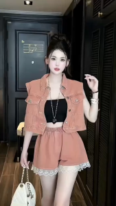 MK_ Set đồ nữ xinh set 3 món mặc hè áo lót Tăm phối áo Jean cộc tay mix quần ngắn viền Ren