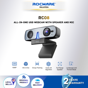 ROCWARE RC08 All-In-One 1080P Webcam | Mini USB Video Bar | Group Framing | Audio 3A Algorithm | Full-range Speaker Landscape and Portrait Mode | 360° Omnidirectional Pickup | Electronic Pan-Tilt Mechanism | Privacy Cover