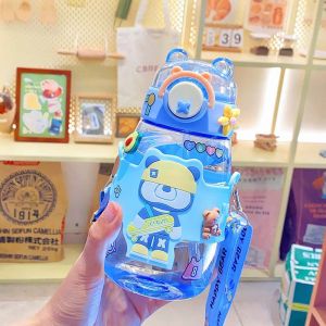 Cross-Border New Arrival Large Capacity Kids Plastic Cup Face Value Water Cup Girl Cartoon Violent Bear Portable Straw Cup