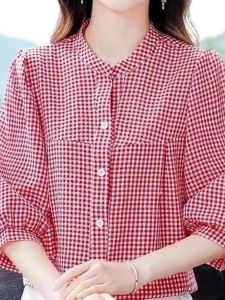 HUAXUNRAN | Casual Slimming Womens Short Sleeve Plaid Shirt