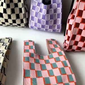 [Ready Stock]Candy Color Striped Knit HandbagTote Bag Women Handbags Cute Knitting Shoulder Bag for Women Casual Shopping Reusable Tote Bag
